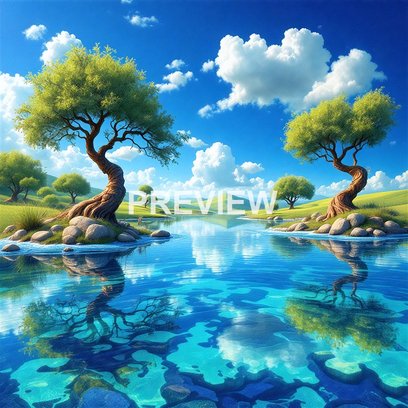 The image depicts a vibrant, animated landscape with two uniquely twisted trees by a calm body of water, surrounded by rolling green hills under a bright blue sky with fluffy white clouds.